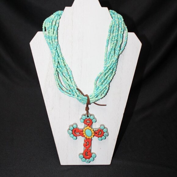 Source Unknown Jewelry - Beautiful Turquoise & Orange Large Cross on Leather Tied to Multi Bead Necklace